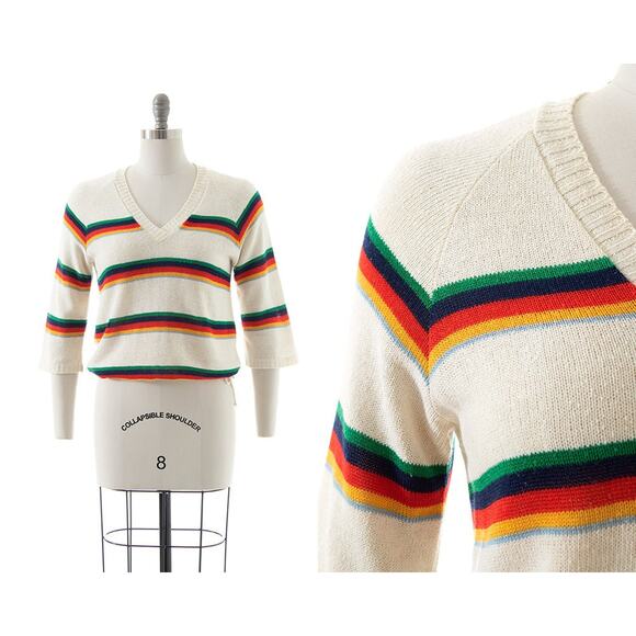 Vintage 1970s Sweater 70s Rainbow Striped Cream Knit Retro Pullover Top - Picture 1 of 9
